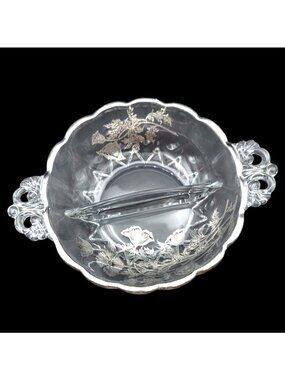 Silver City Glass Flanders Poppy Silver Overlay Crystal Divided Scalloped Dish